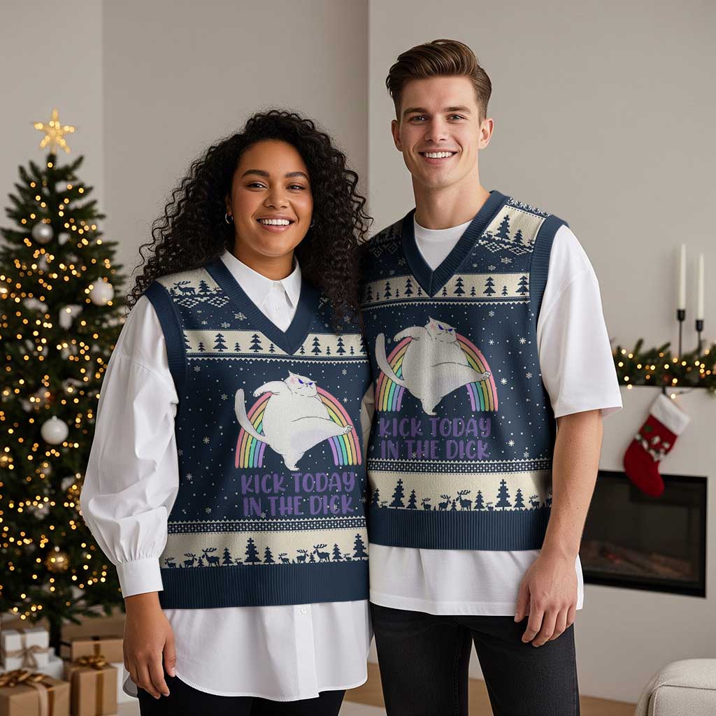 Funny Sarcastic Cat V-Neck Knit Sweater Vest Kick Today In The Dick Pastel Rainbow - Wonder Print Shop