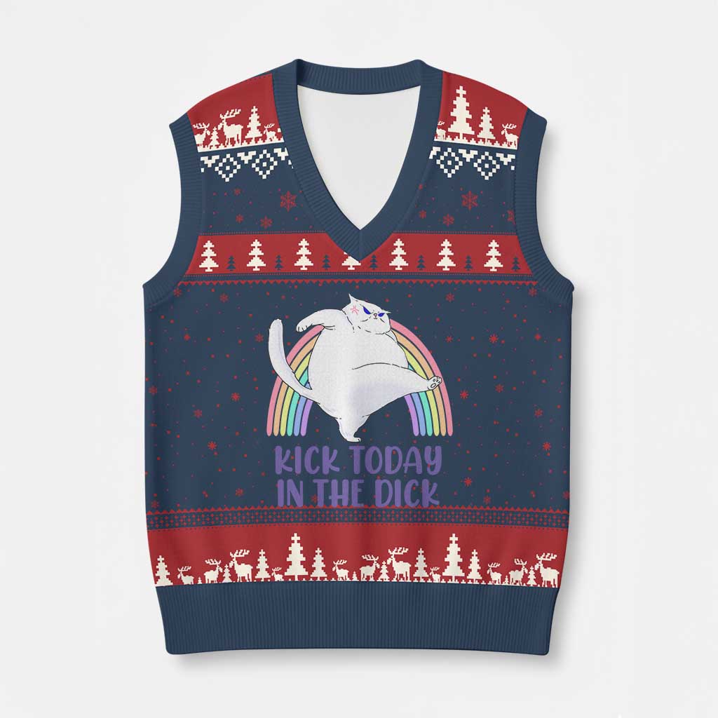 Funny Sarcastic Cat V-Neck Knit Sweater Vest Kick Today In The Dick Pastel Rainbow - Wonder Print Shop