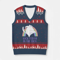 Funny Sarcastic Cat V-Neck Knit Sweater Vest Kick Today In The Dick Pastel Rainbow - Wonder Print Shop