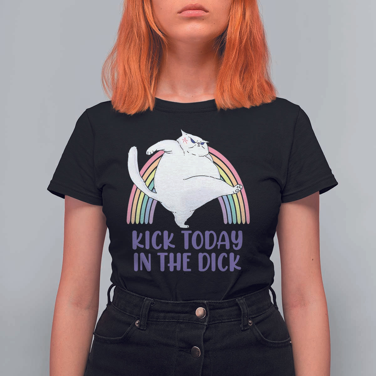 Funny Sarcastic Cat T Shirt For Women Kick Today In The Dick Pastel Rainbow - Wonder Print Shop