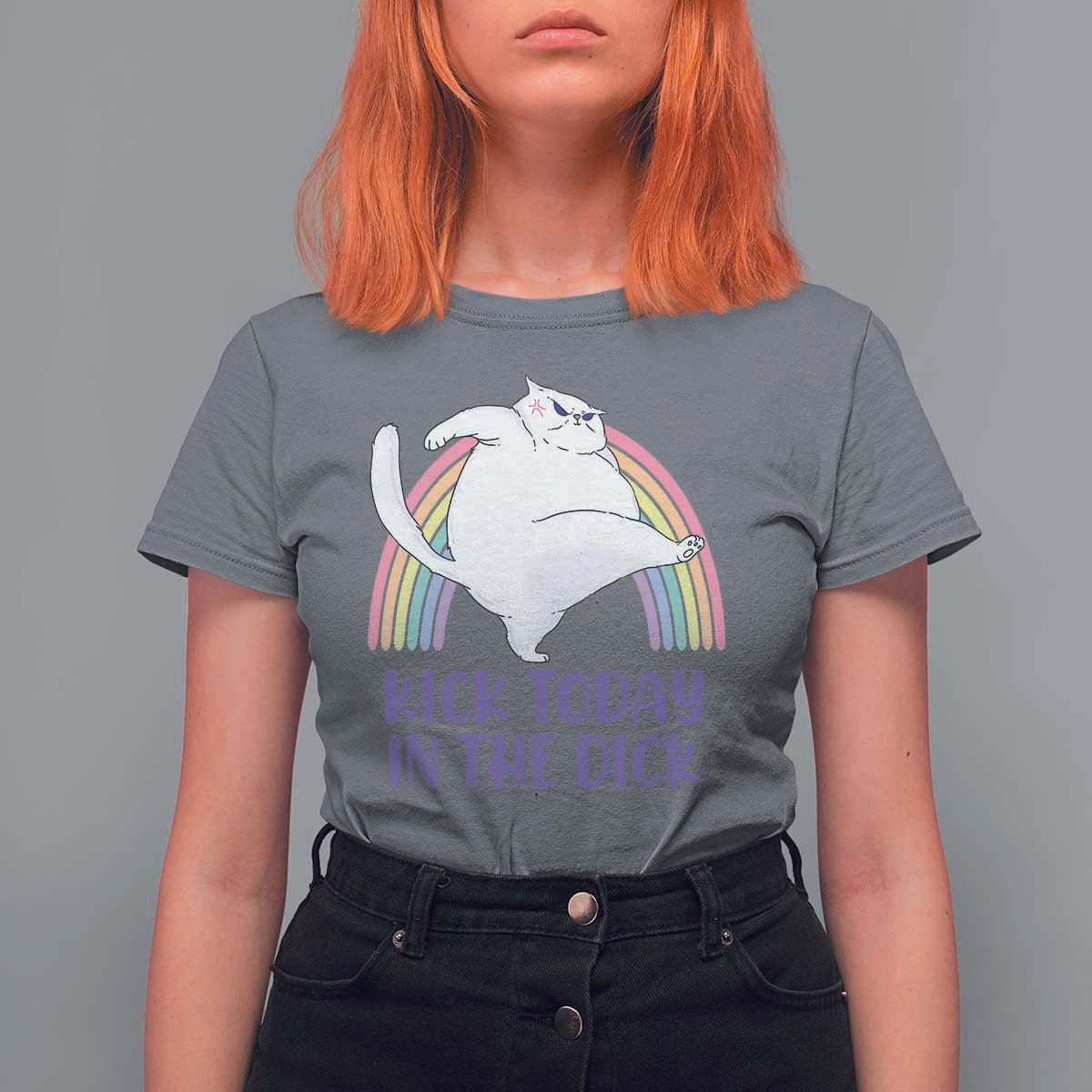 Funny Sarcastic Cat T Shirt For Women Kick Today In The Dick Pastel Rainbow - Wonder Print Shop