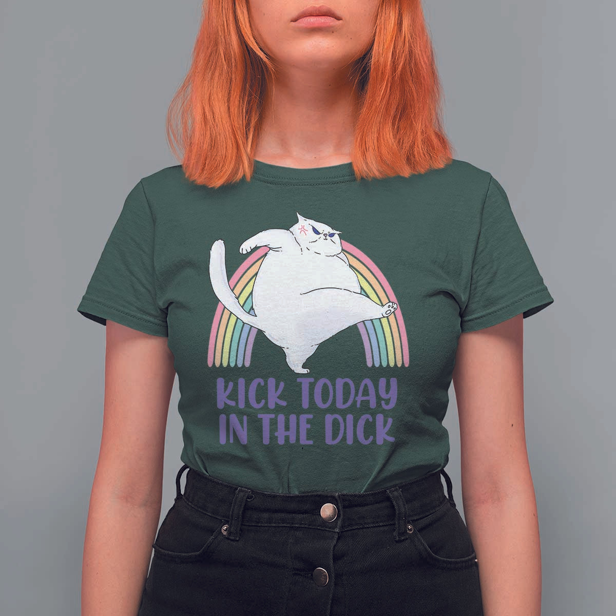 Funny Sarcastic Cat T Shirt For Women Kick Today In The Dick Pastel Rainbow - Wonder Print Shop
