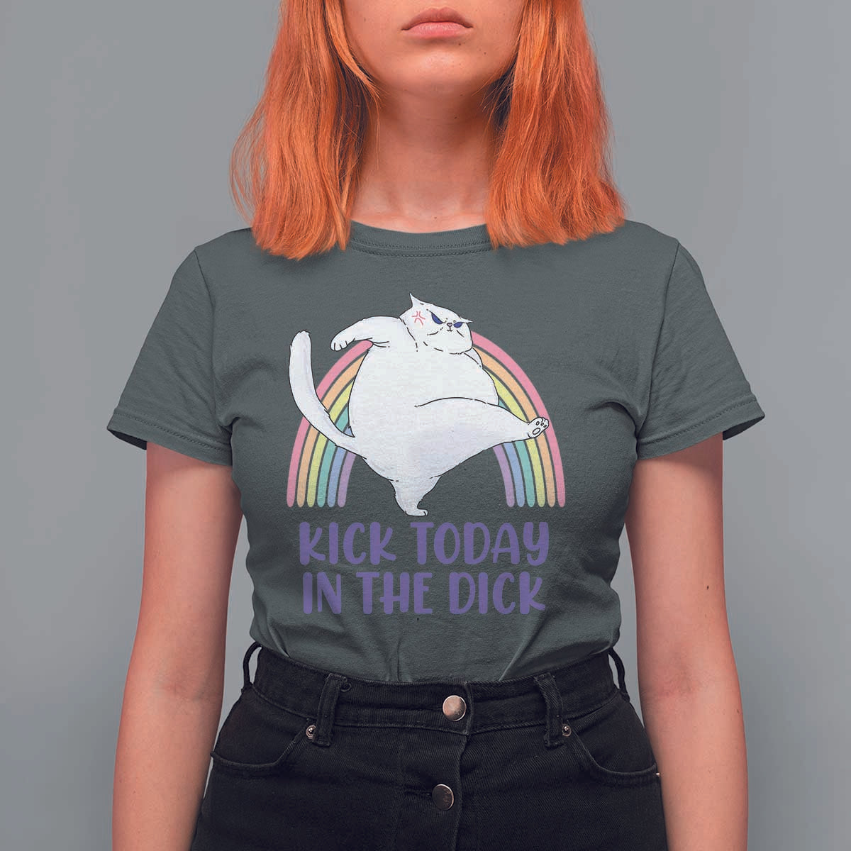 Funny Sarcastic Cat T Shirt For Women Kick Today In The Dick Pastel Rainbow - Wonder Print Shop