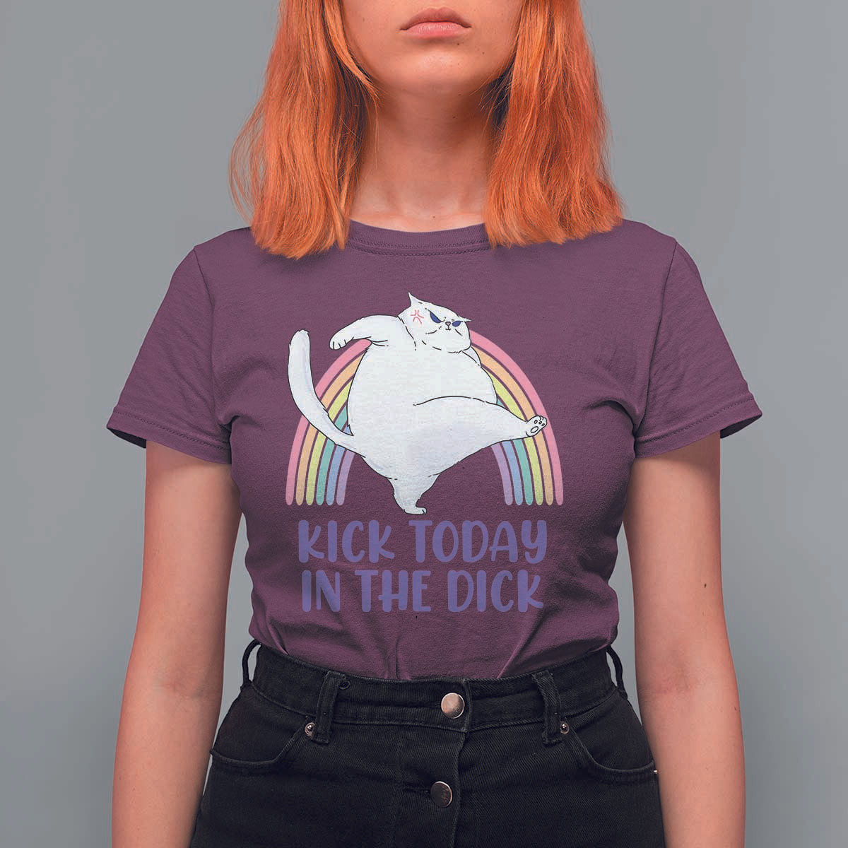 Funny Sarcastic Cat T Shirt For Women Kick Today In The Dick Pastel Rainbow - Wonder Print Shop