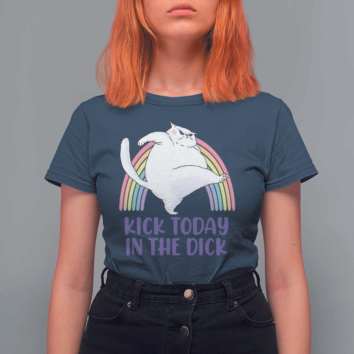 Funny Sarcastic Cat T Shirt For Women Kick Today In The Dick Pastel Rainbow - Wonder Print Shop