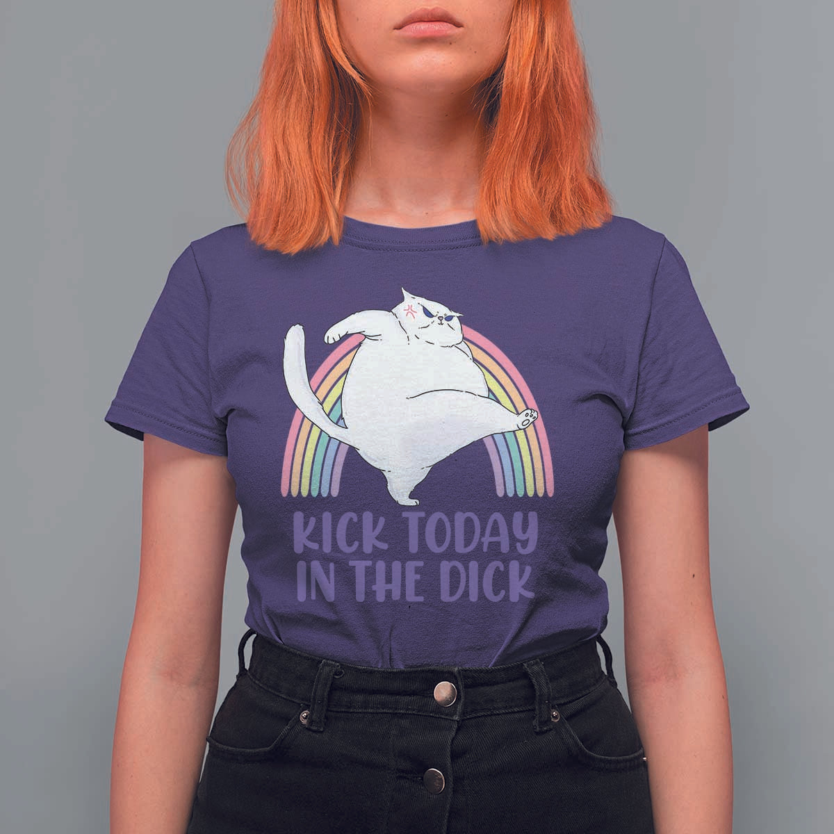 Funny Sarcastic Cat T Shirt For Women Kick Today In The Dick Pastel Rainbow - Wonder Print Shop