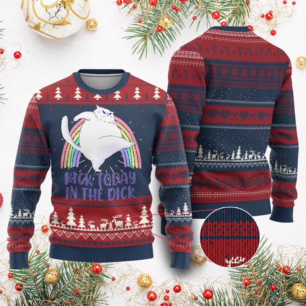 Funny Sarcastic Cat Ugly Christmas Sweater Kick Today In The Dick Pastel Rainbow - Wonder Print Shop