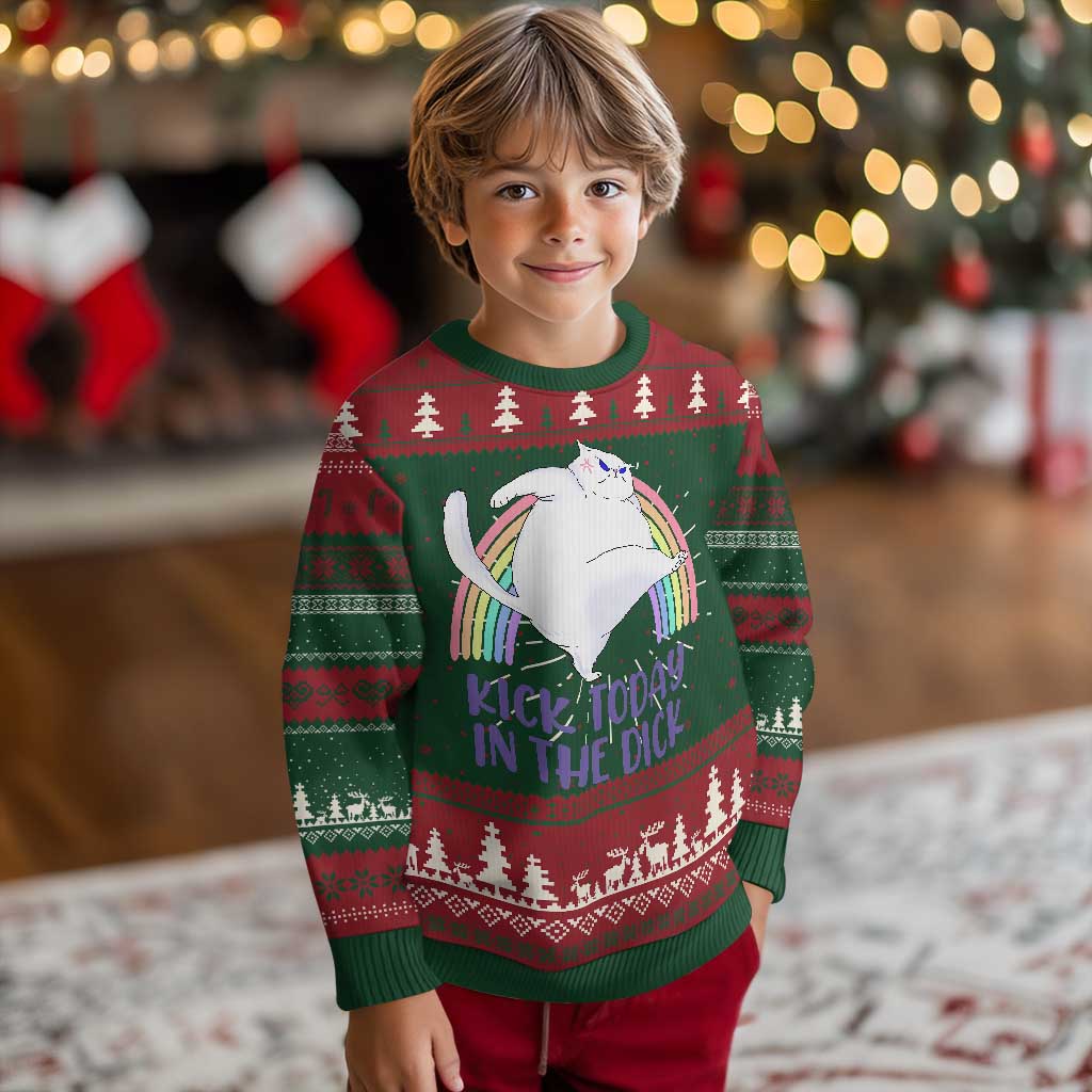 Funny Sarcastic Cat Ugly Christmas Sweater Kick Today In The Dick Pastel Rainbow - Wonder Print Shop