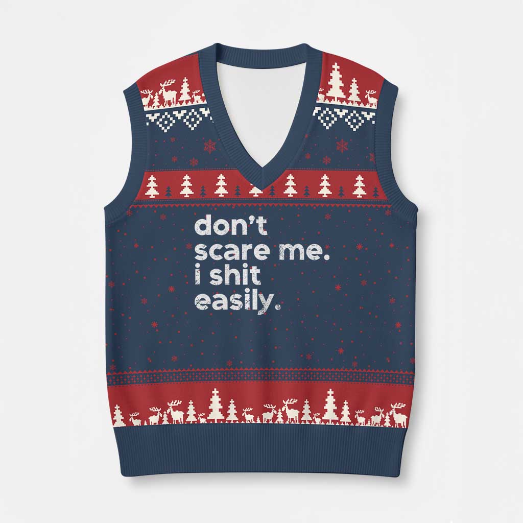 Funny Sarcastic Quote V-Neck Knit Sweater Vest Don't Scare Me I Shit Easily Retro Minimalism - Wonder Print Shop
