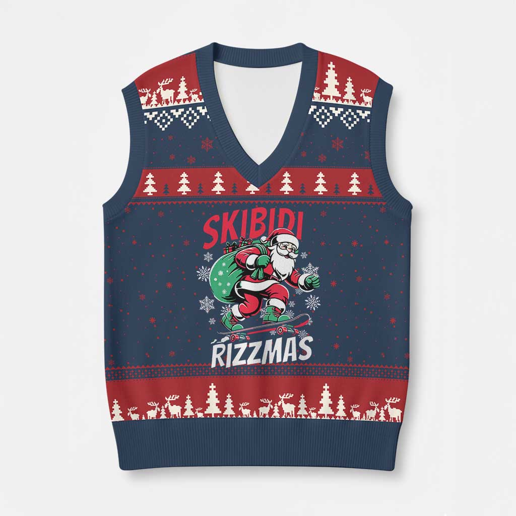 Funny Santa Rizz Xmas V-Neck Knit Sweater Vest Retro Skibidi Rizzmas Claus Skating Board Xmas - Wonder Print Shop