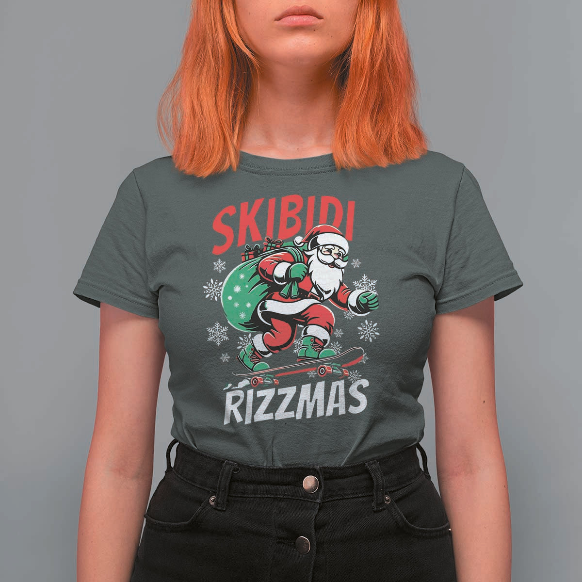 Funny Santa Rizz Christmas T Shirt For Women Retro Skibidi Rizzmas Claus Skating Board Xmas - Wonder Print Shop