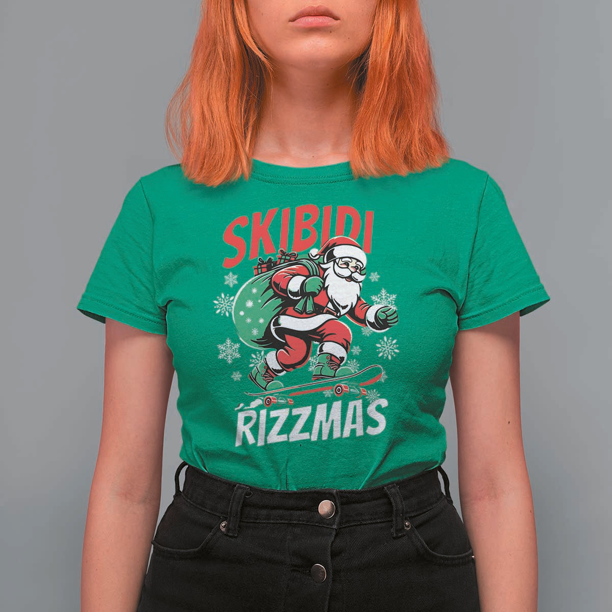 Funny Santa Rizz Christmas T Shirt For Women Retro Skibidi Rizzmas Claus Skating Board Xmas - Wonder Print Shop