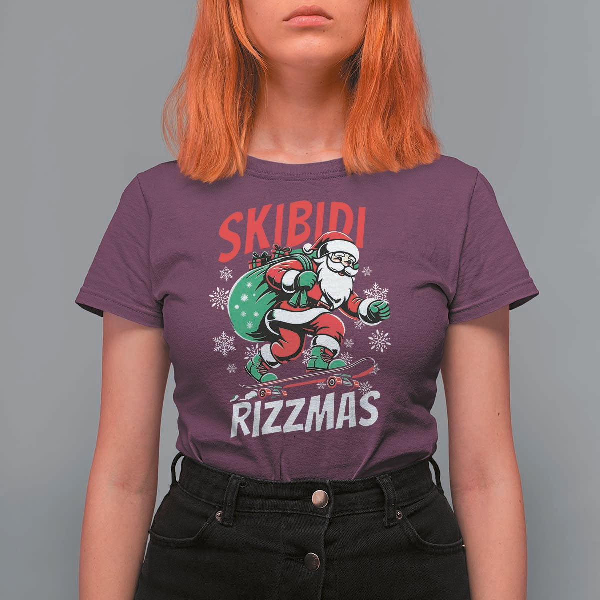 Funny Santa Rizz Christmas T Shirt For Women Retro Skibidi Rizzmas Claus Skating Board Xmas - Wonder Print Shop