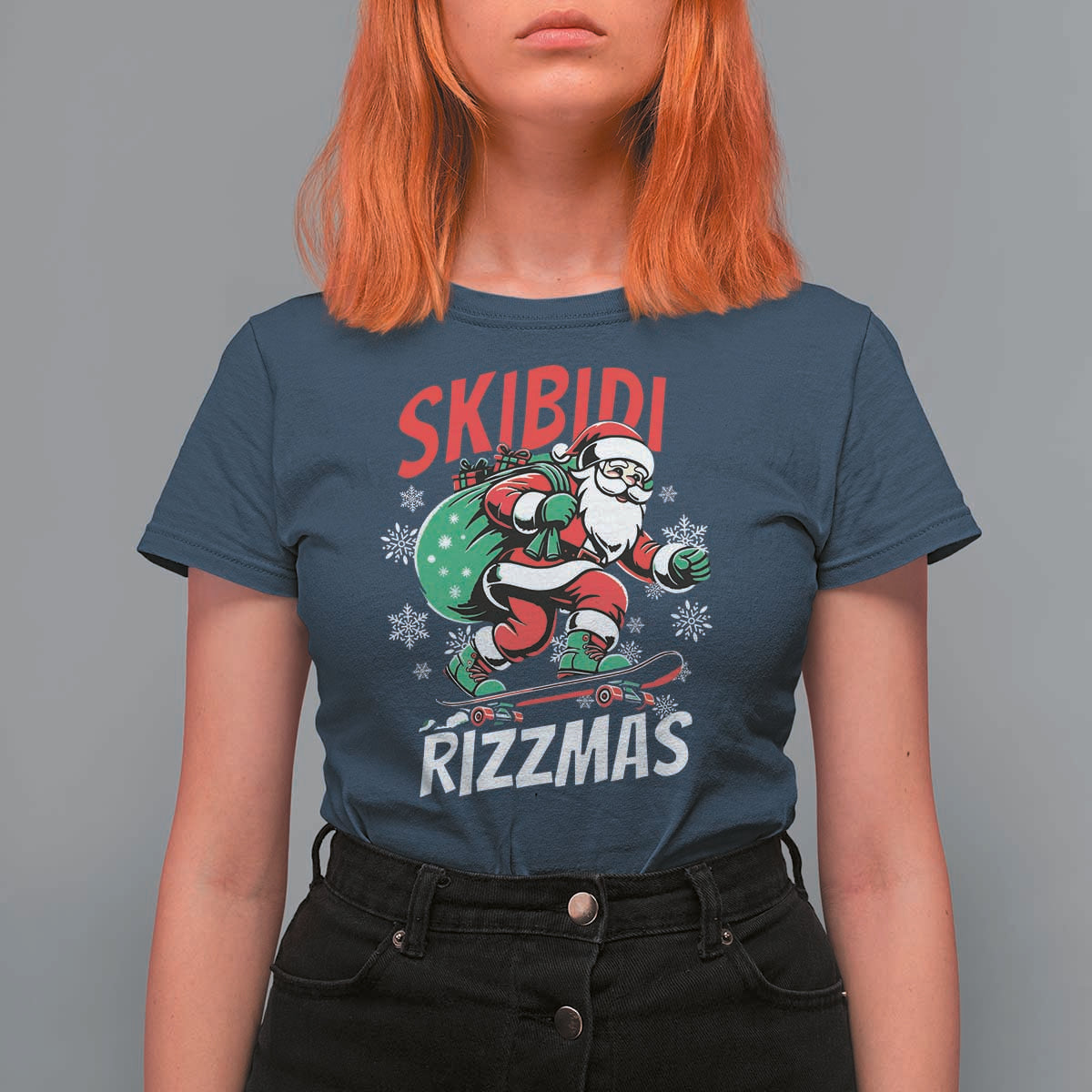 Funny Santa Rizz Christmas T Shirt For Women Retro Skibidi Rizzmas Claus Skating Board Xmas - Wonder Print Shop