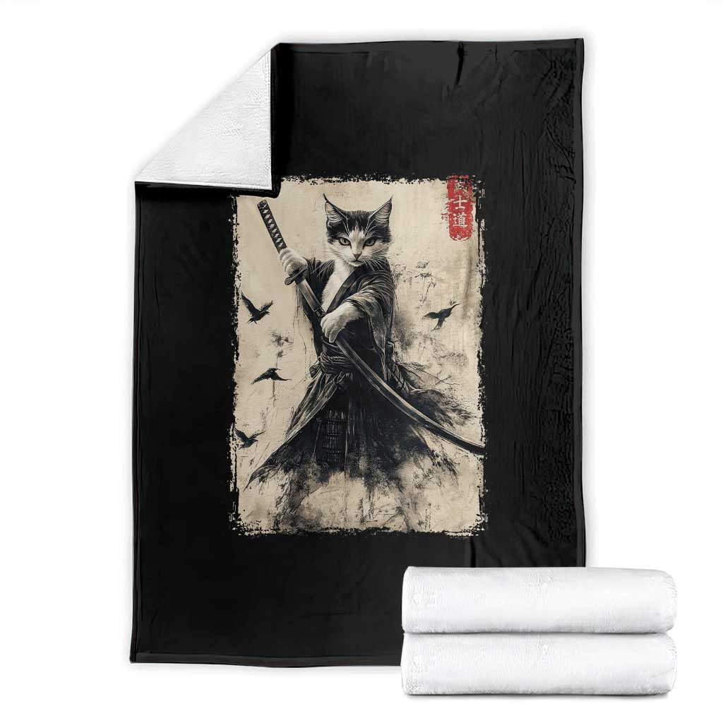 Samurai Cat Graphic Throw Blanket Warrior Vintage Japanese Art Anime - Wonder Print Shop