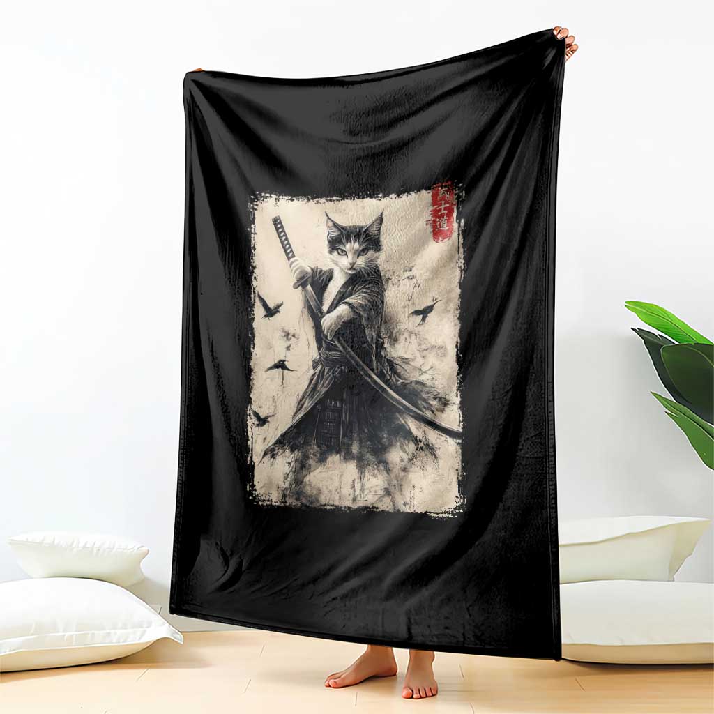Samurai Cat Graphic Throw Blanket Warrior Vintage Japanese Art Anime - Wonder Print Shop