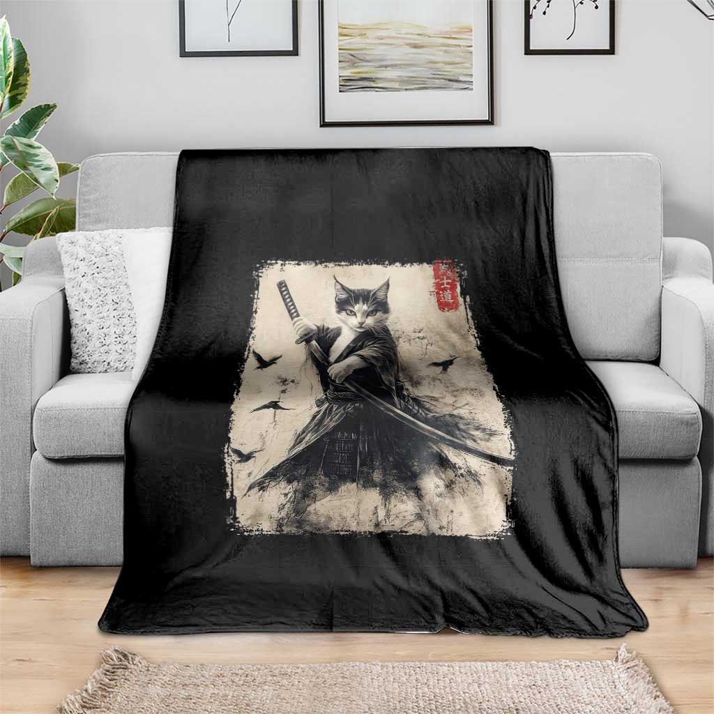 Samurai Cat Graphic Throw Blanket Warrior Vintage Japanese Art Anime - Wonder Print Shop