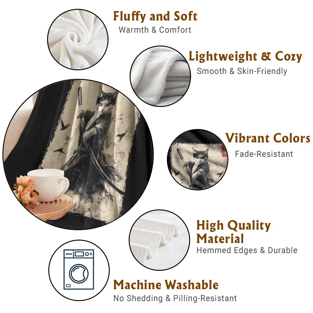 Samurai Cat Graphic Throw Blanket Warrior Vintage Japanese Art Anime - Wonder Print Shop