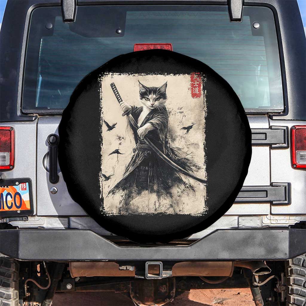 Samurai Cat Graphic Spare Tire Cover Warrior Vintage Japanese Art Anime - Wonder Print Shop