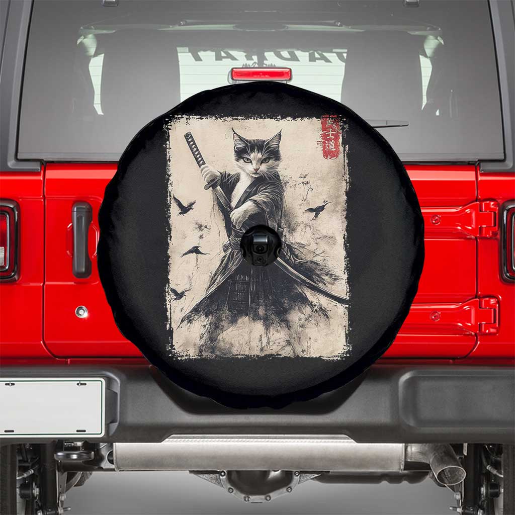Samurai Cat Graphic Spare Tire Cover Warrior Vintage Japanese Art Anime - Wonder Print Shop