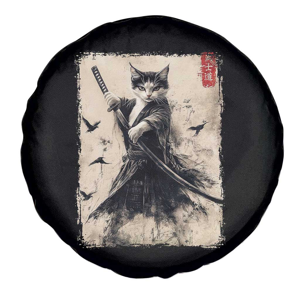 Samurai Cat Graphic Spare Tire Cover Warrior Vintage Japanese Art Anime - Wonder Print Shop
