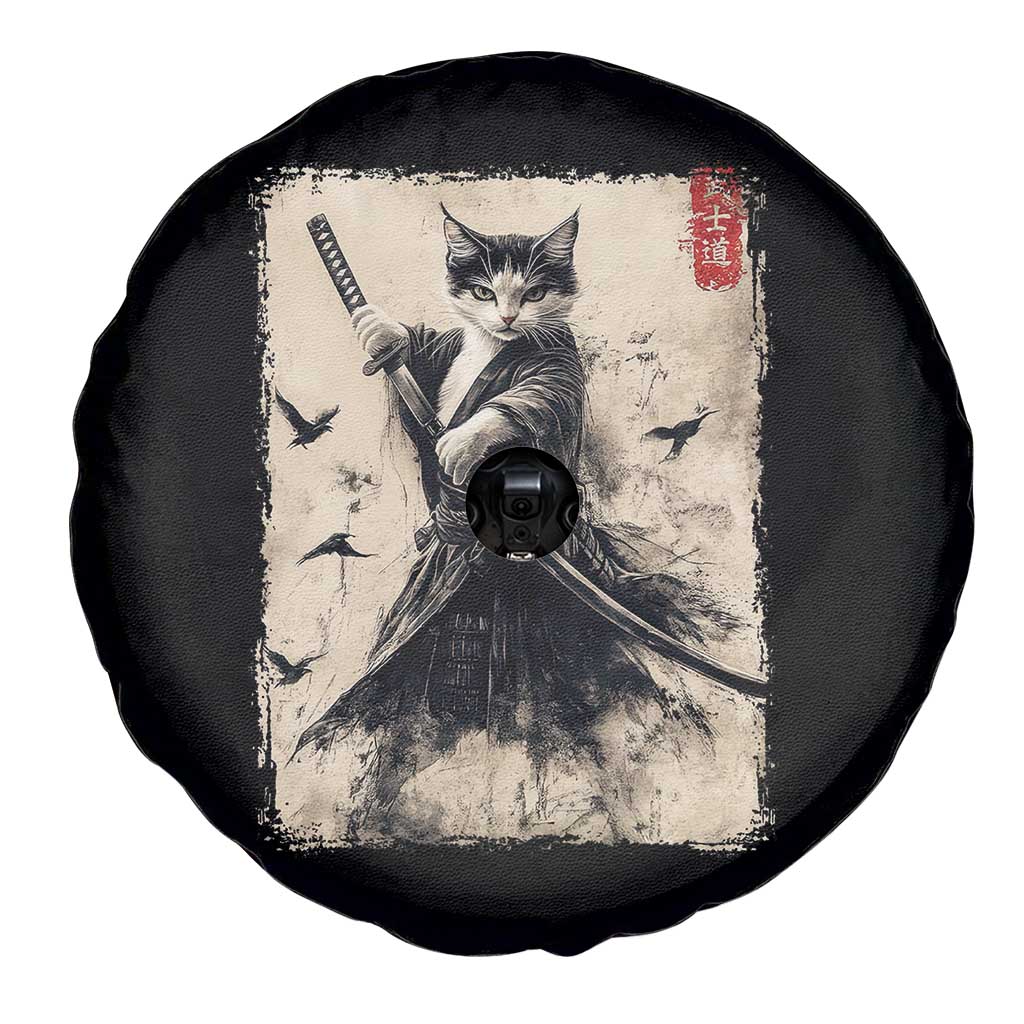Samurai Cat Graphic Spare Tire Cover Warrior Vintage Japanese Art Anime - Wonder Print Shop