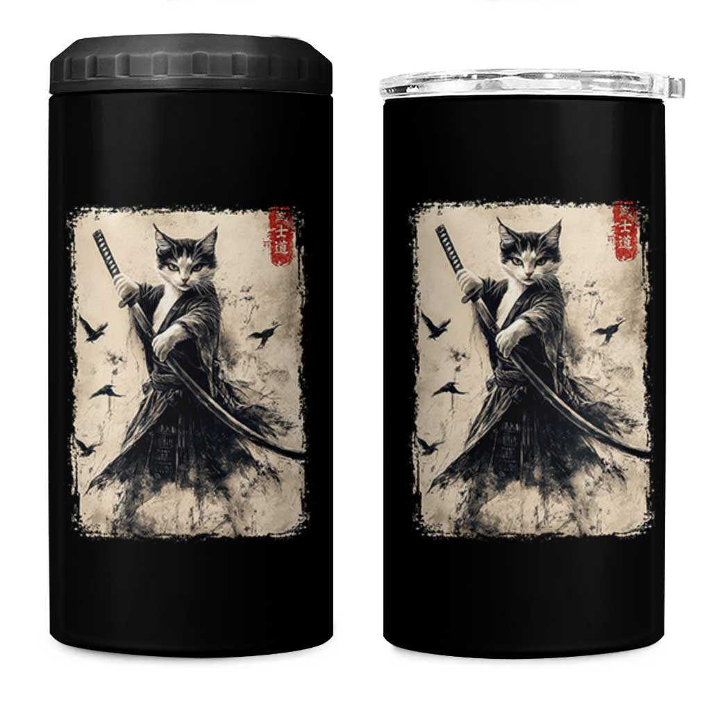 Samurai Cat Graphic 4 in 1 Can Cooler Tumbler Warrior Vintage Japanese Art Anime - Wonder Print Shop