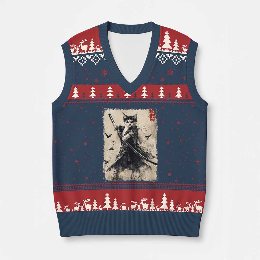 Samurai Cat Graphic V-Neck Knit Sweater Vest Warrior Vintage Japanese Art Anime - Wonder Print Shop