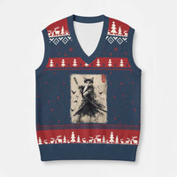 Samurai Cat Graphic V-Neck Knit Sweater Vest Warrior Vintage Japanese Art Anime - Wonder Print Shop