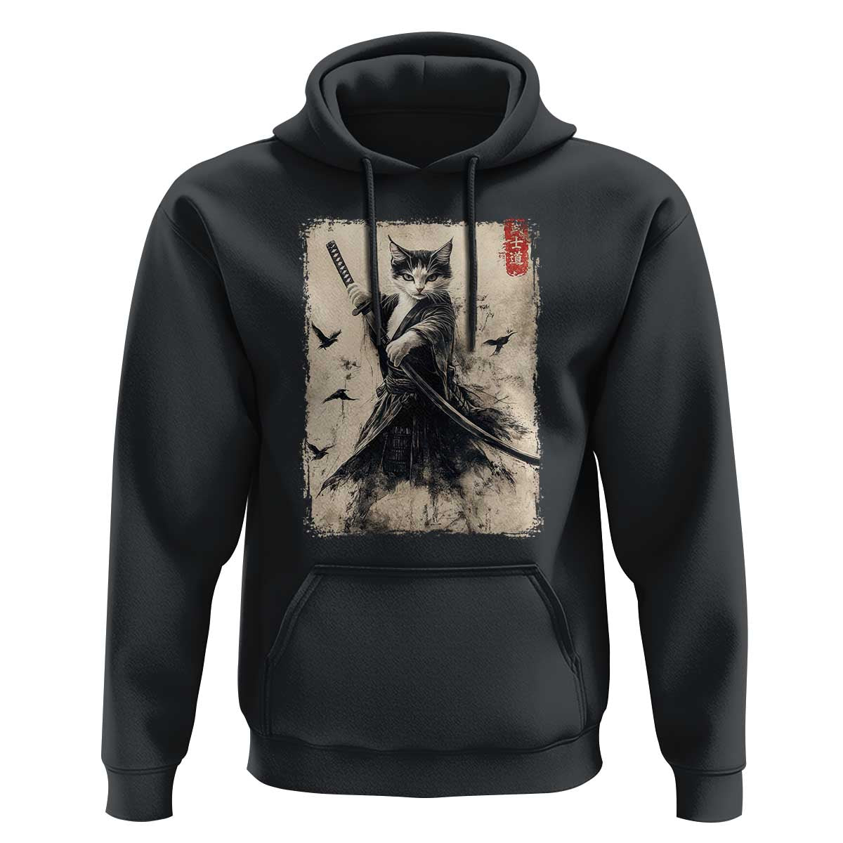 Samurai Cat Graphic Hoodie Warrior Vintage Japanese Art Anime - Wonder Print Shop