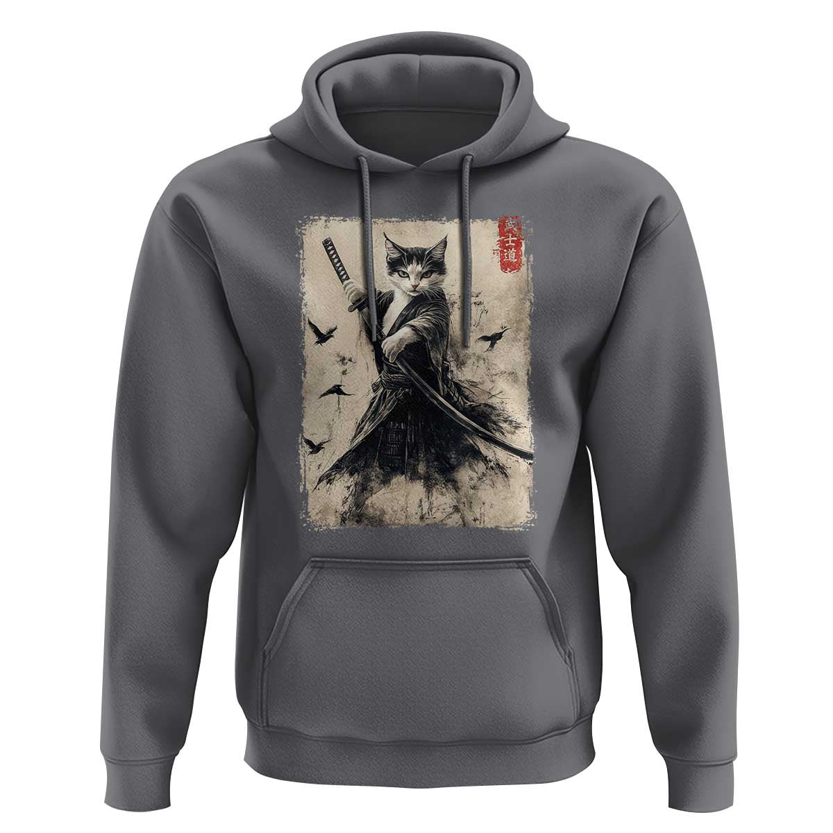 Samurai Cat Graphic Hoodie Warrior Vintage Japanese Art Anime - Wonder Print Shop