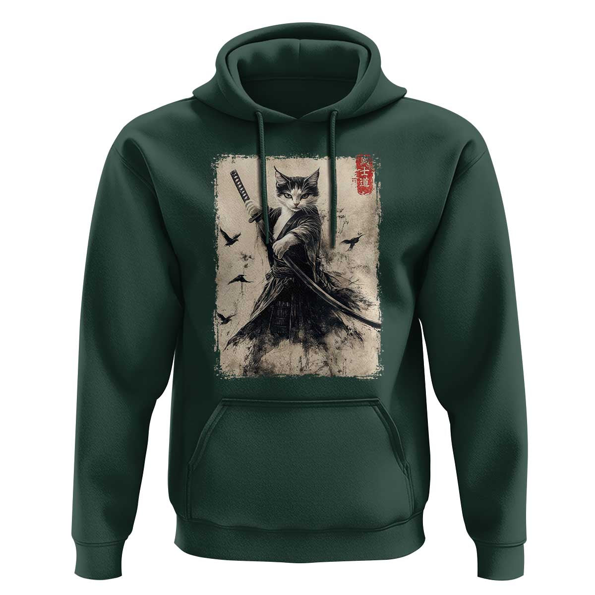 Samurai Cat Graphic Hoodie Warrior Vintage Japanese Art Anime - Wonder Print Shop