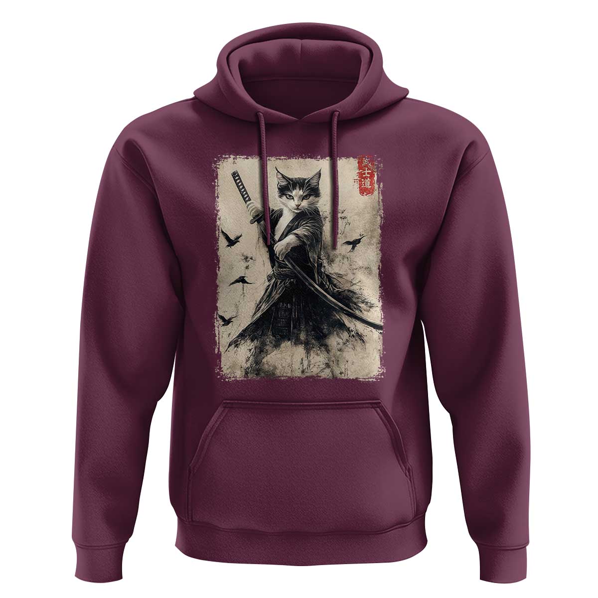 Samurai Cat Graphic Hoodie Warrior Vintage Japanese Art Anime - Wonder Print Shop