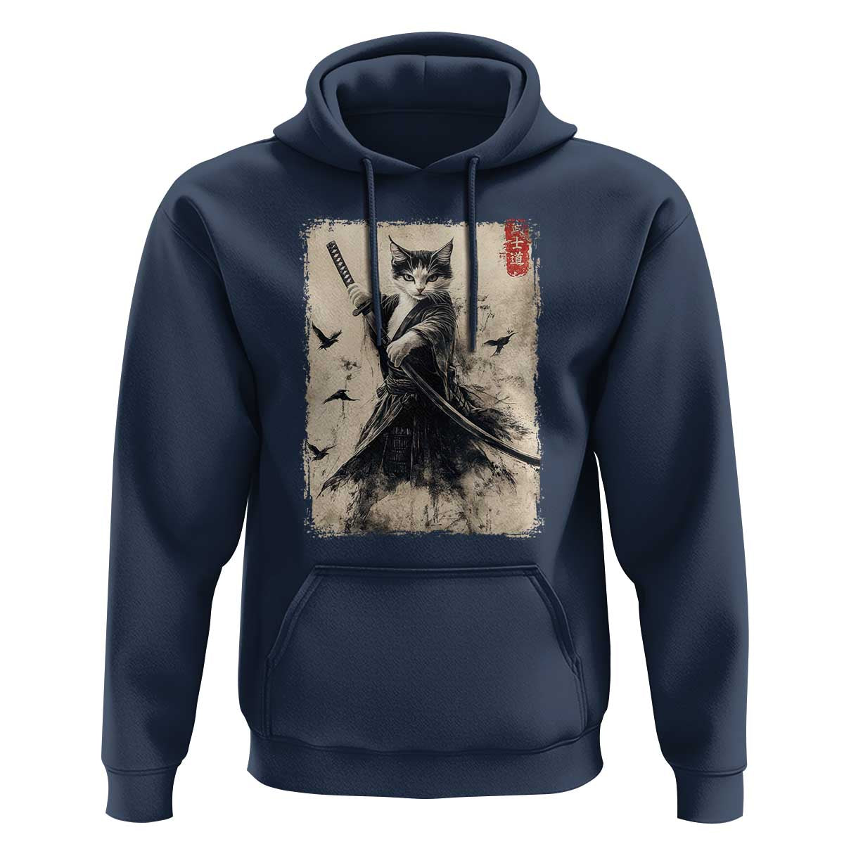 Samurai Cat Graphic Hoodie Warrior Vintage Japanese Art Anime - Wonder Print Shop