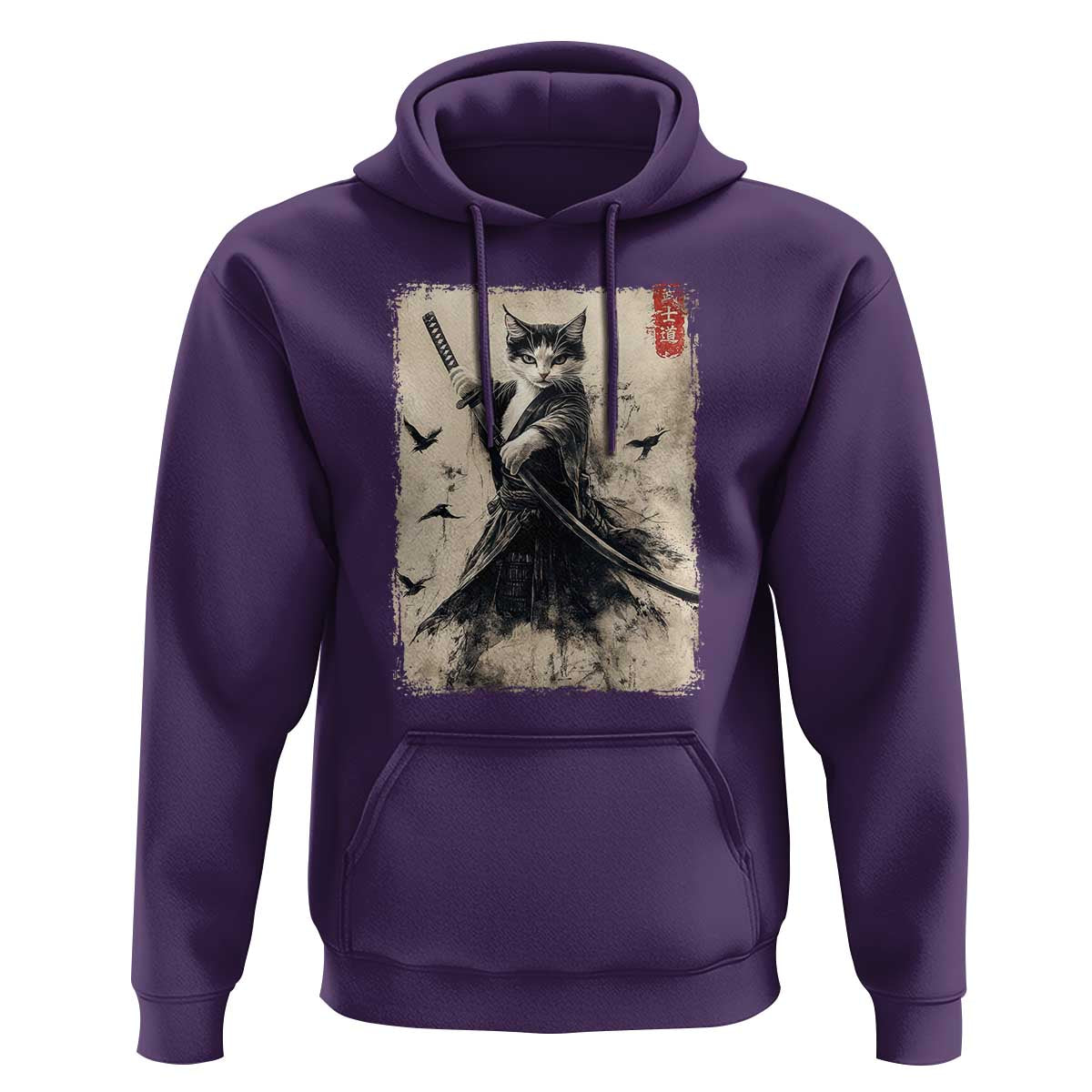 Samurai Cat Graphic Hoodie Warrior Vintage Japanese Art Anime - Wonder Print Shop