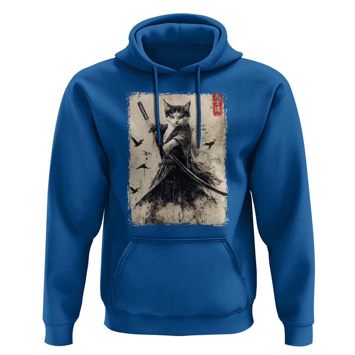Samurai Cat Graphic Hoodie Warrior Vintage Japanese Art Anime - Wonder Print Shop
