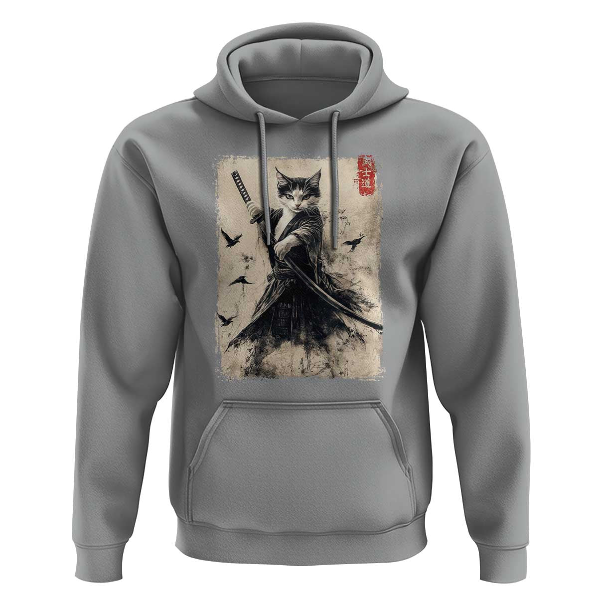 Samurai Cat Graphic Hoodie Warrior Vintage Japanese Art Anime - Wonder Print Shop