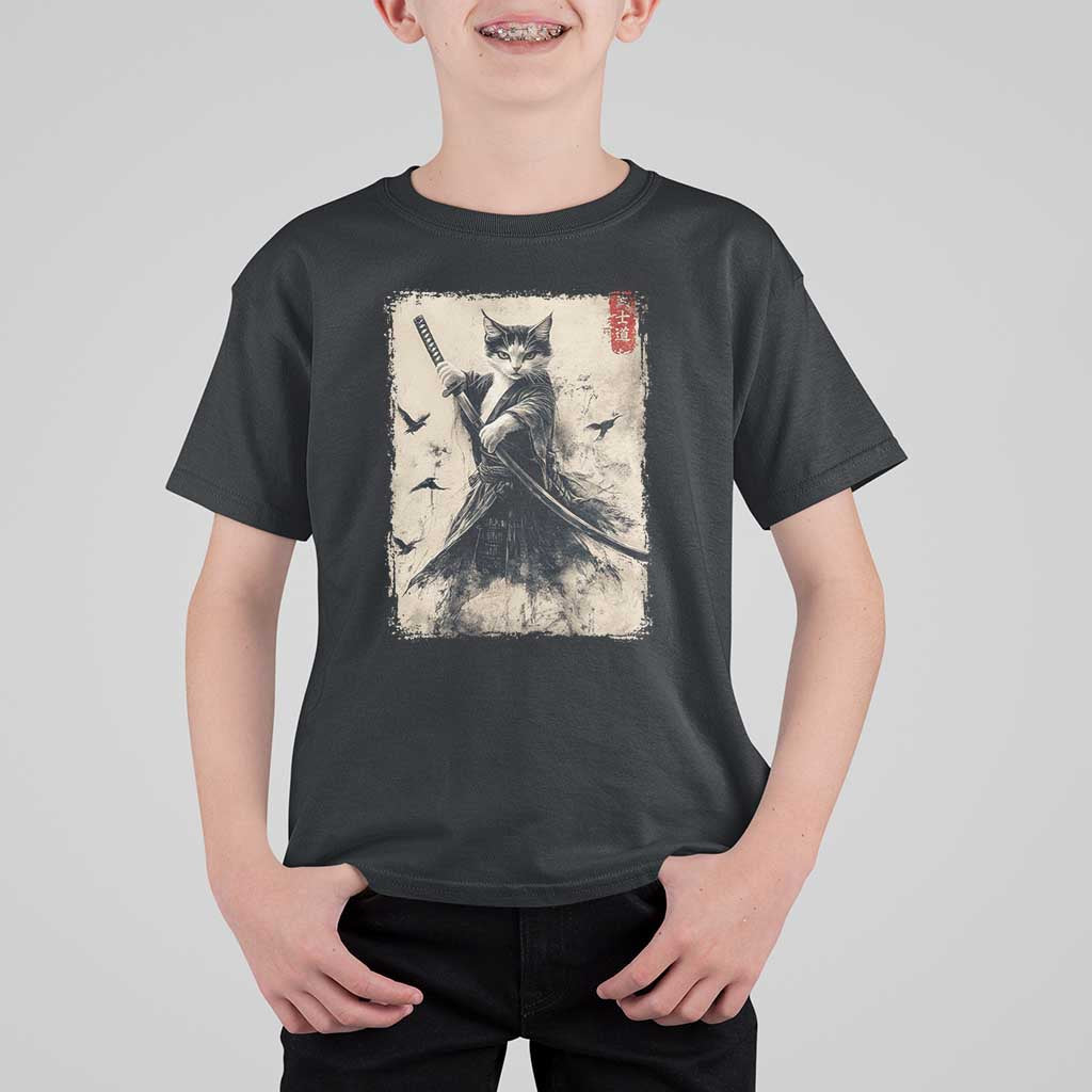 Samurai Cat Graphic T Shirt For Kid Warrior Vintage Japanese Art Anime - Wonder Print Shop