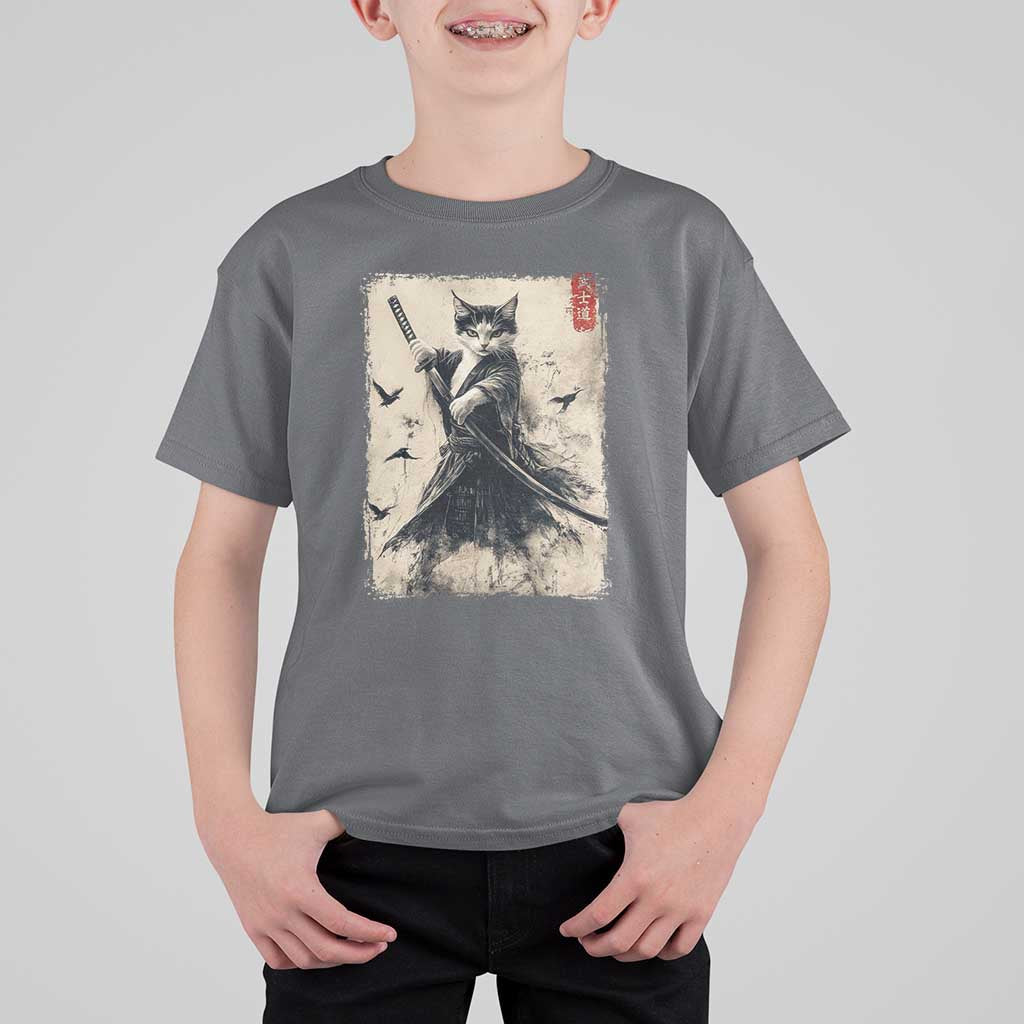 Samurai Cat Graphic T Shirt For Kid Warrior Vintage Japanese Art Anime - Wonder Print Shop