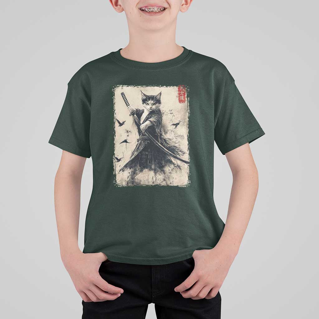 Samurai Cat Graphic T Shirt For Kid Warrior Vintage Japanese Art Anime - Wonder Print Shop