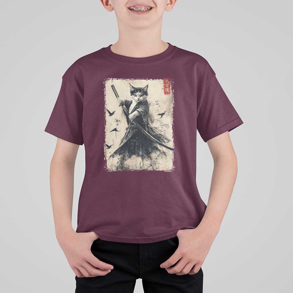 Samurai Cat Graphic T Shirt For Kid Warrior Vintage Japanese Art Anime - Wonder Print Shop