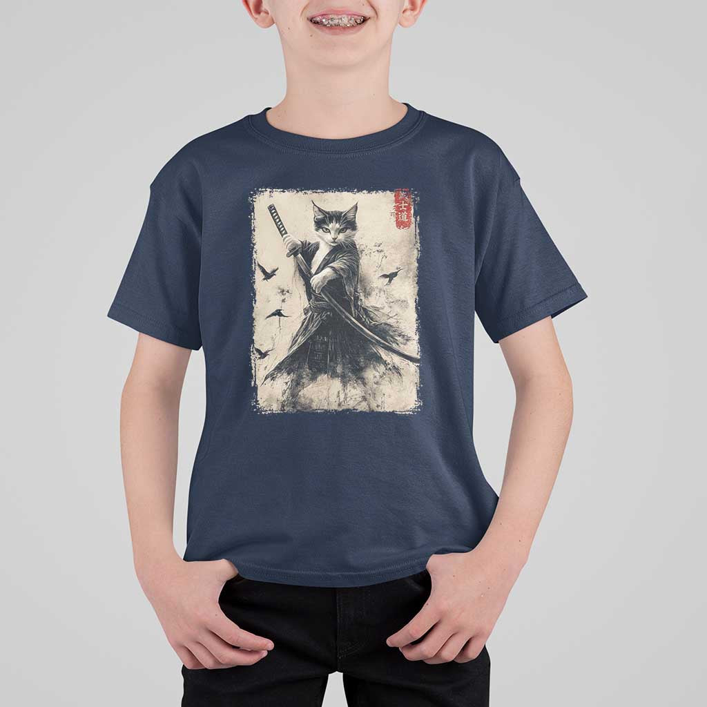 Samurai Cat Graphic T Shirt For Kid Warrior Vintage Japanese Art Anime - Wonder Print Shop