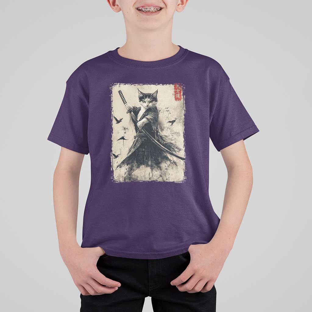 Samurai Cat Graphic T Shirt For Kid Warrior Vintage Japanese Art Anime - Wonder Print Shop