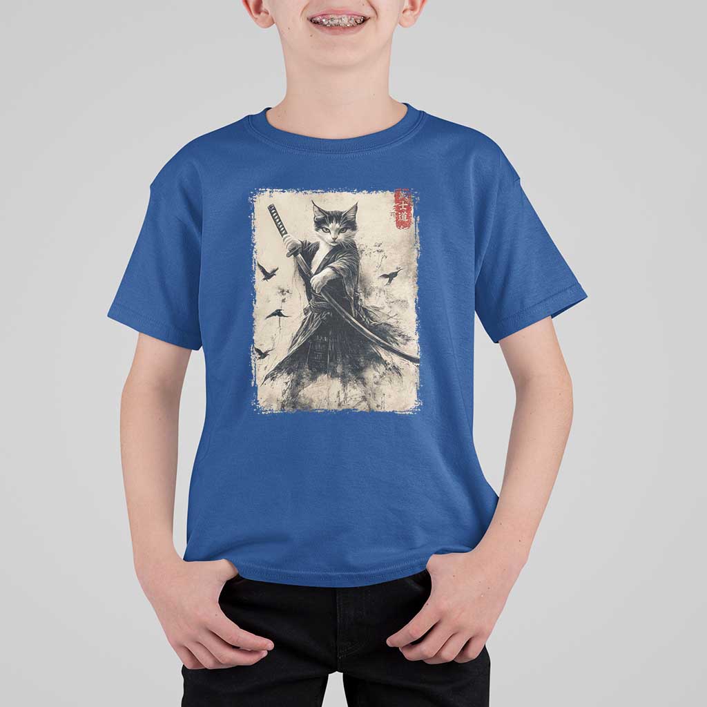 Samurai Cat Graphic T Shirt For Kid Warrior Vintage Japanese Art Anime - Wonder Print Shop