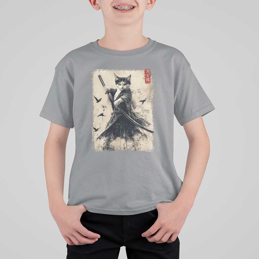 Samurai Cat Graphic T Shirt For Kid Warrior Vintage Japanese Art Anime - Wonder Print Shop