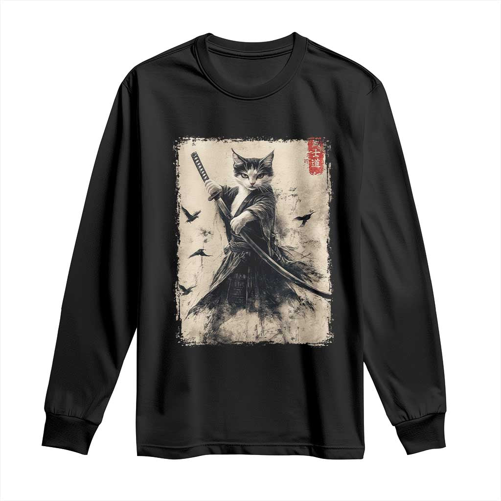 Samurai Cat Graphic Long Sleeve Shirt Warrior Vintage Japanese Art Anime - Wonder Print Shop