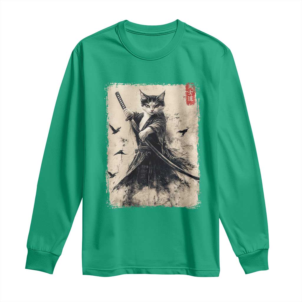 Samurai Cat Graphic Long Sleeve Shirt Warrior Vintage Japanese Art Anime - Wonder Print Shop