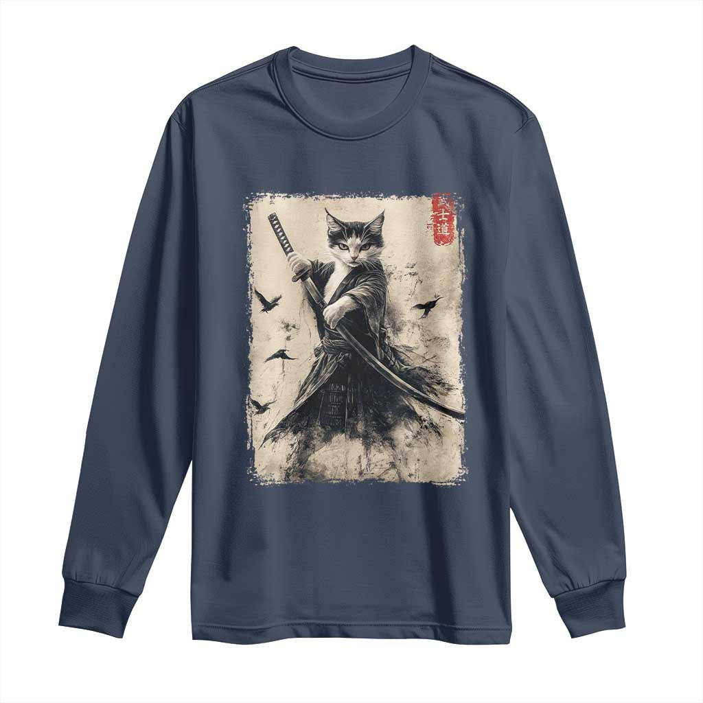 Samurai Cat Graphic Long Sleeve Shirt Warrior Vintage Japanese Art Anime - Wonder Print Shop
