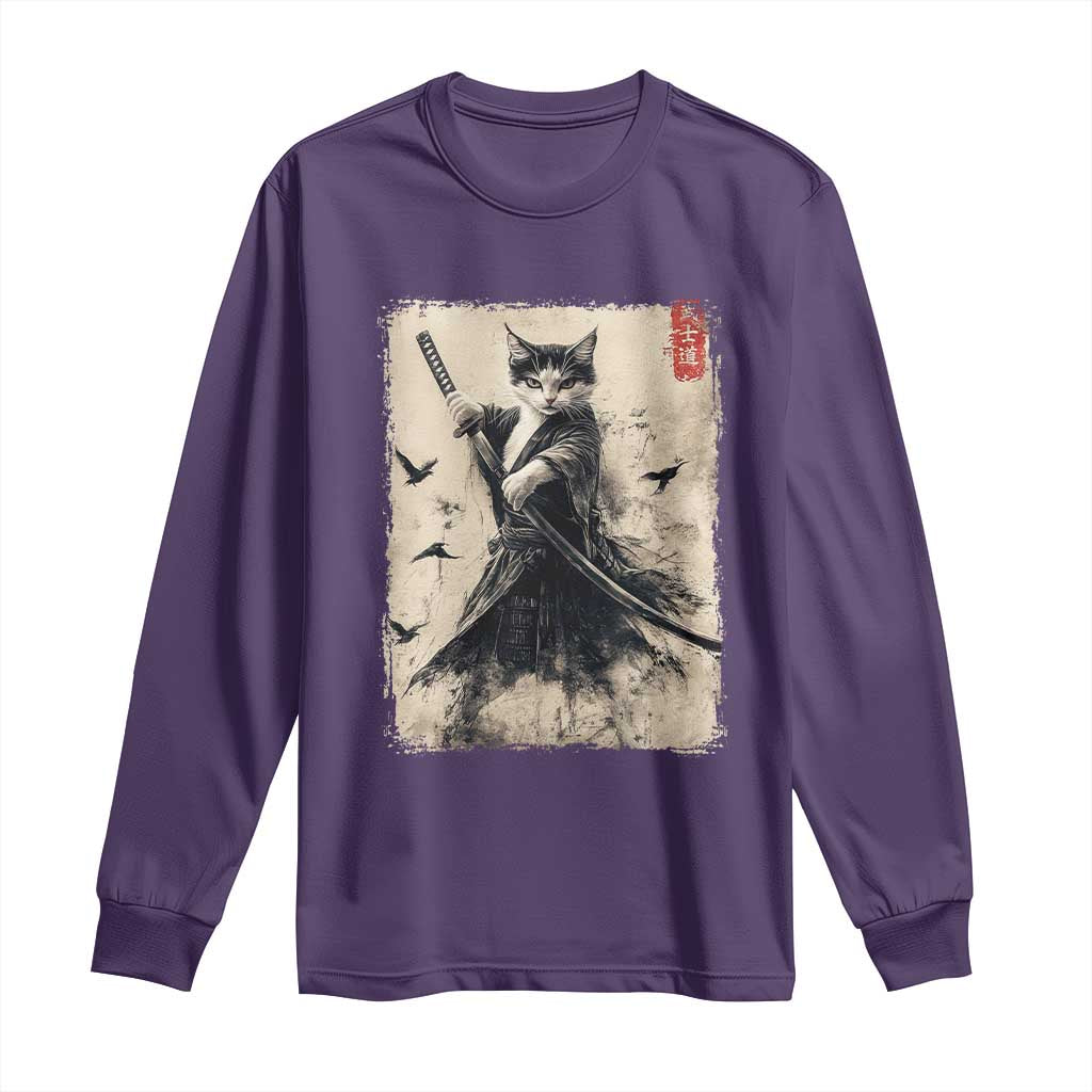 Samurai Cat Graphic Long Sleeve Shirt Warrior Vintage Japanese Art Anime - Wonder Print Shop