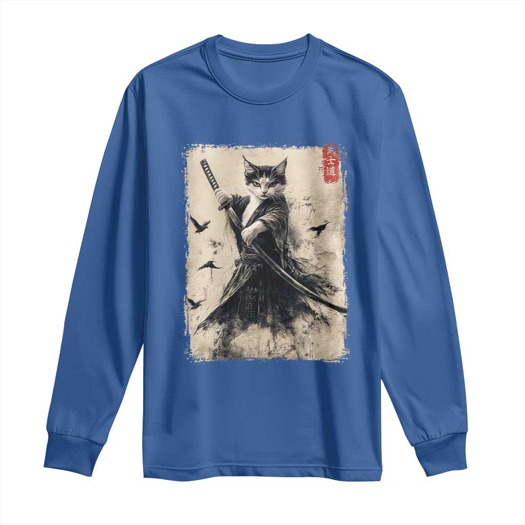 Samurai Cat Graphic Long Sleeve Shirt Warrior Vintage Japanese Art Anime - Wonder Print Shop